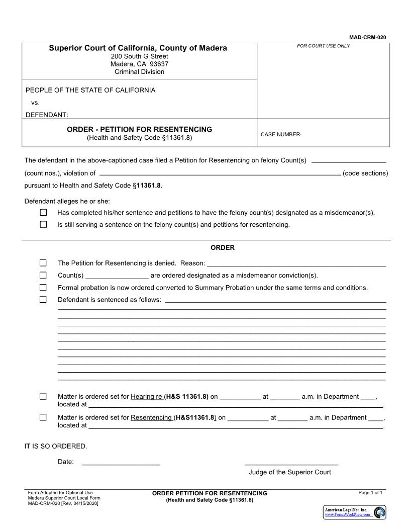 Order Petition For Resentencing-Prop 64 {MAD-CRM-0020} | Pdf Fpdf Docx | California