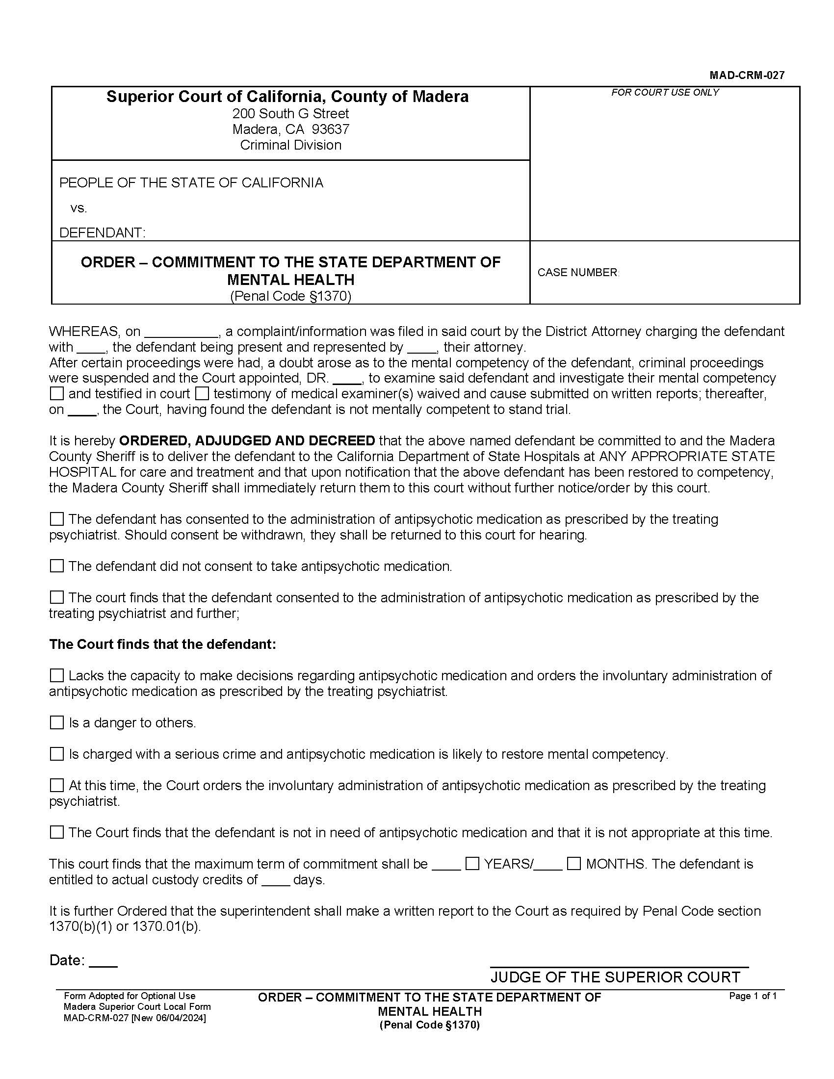 Order-Commitment To State Deparment Of Mental Health-PC 1370 {MAD-CRM-027} | Pdf Fpdf Docx | California