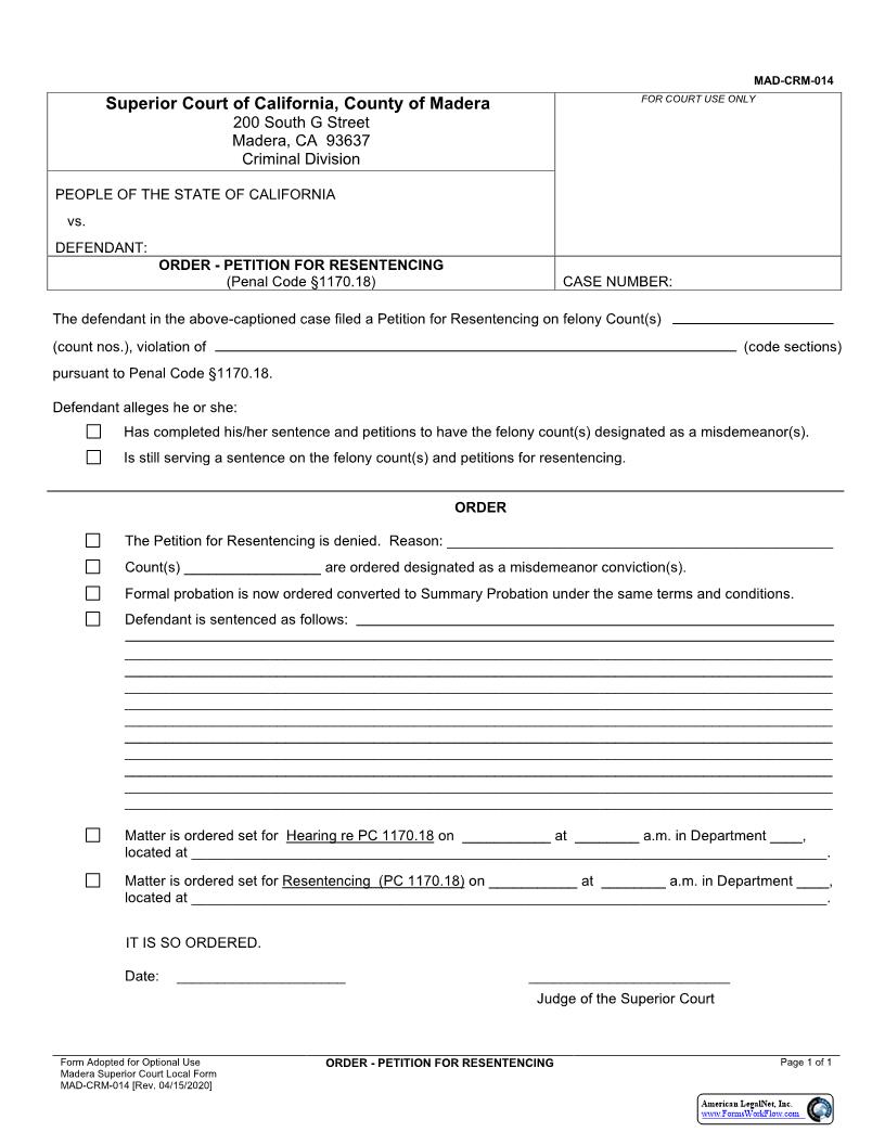 Order-Petition For Resentencing {MAD-CRM-0014} | Pdf Fpdf Docx | California