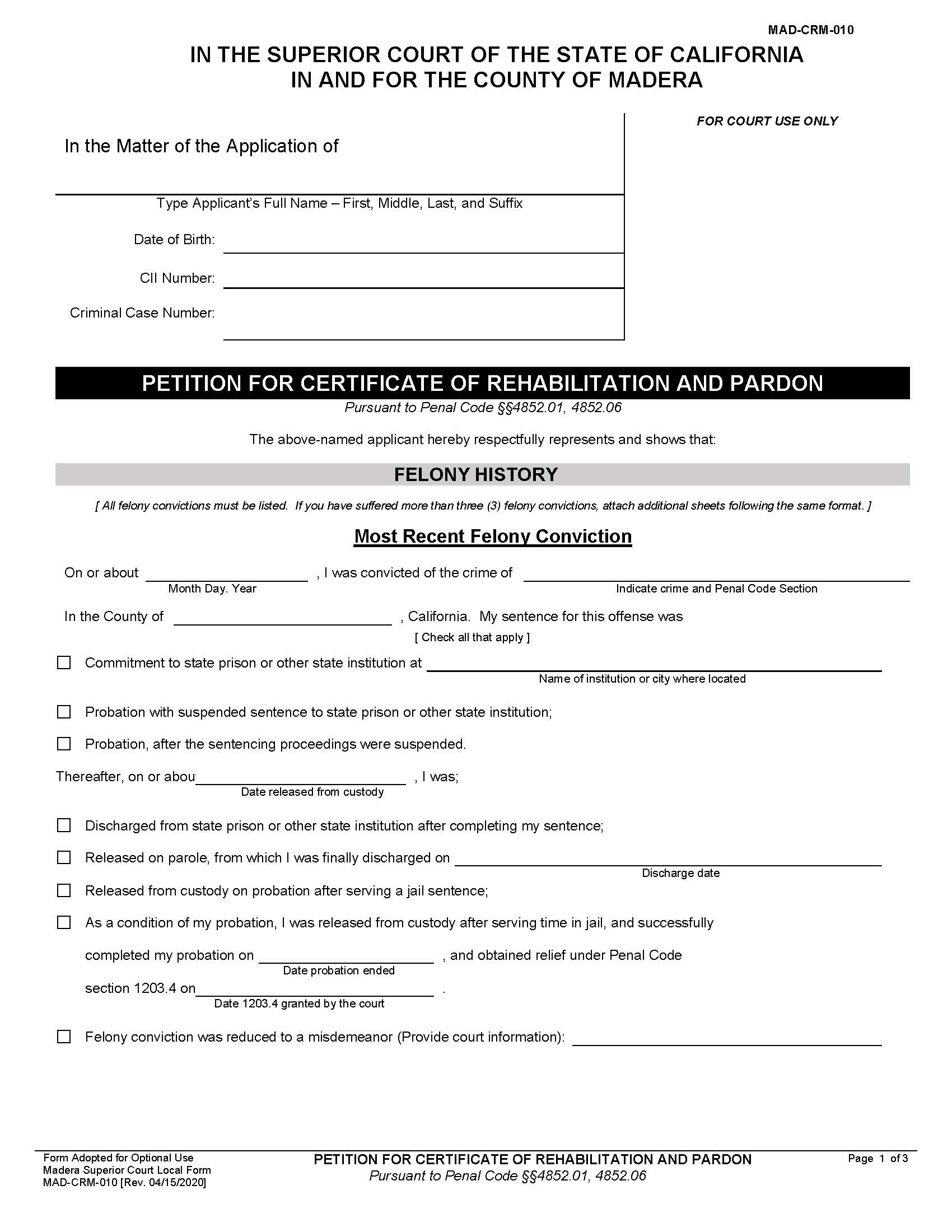 Petition For Certificate Of Rehabilitation And Pardon {MAD-CRM-0010} | Pdf Fpdf Docx | California