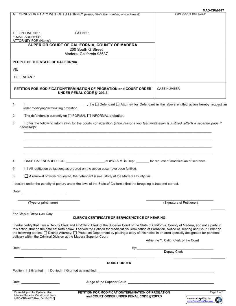 Petition For Modification-Termination Of Probation And Court Order {MAD-CRM-0017} | Pdf Fpdf Docx | California