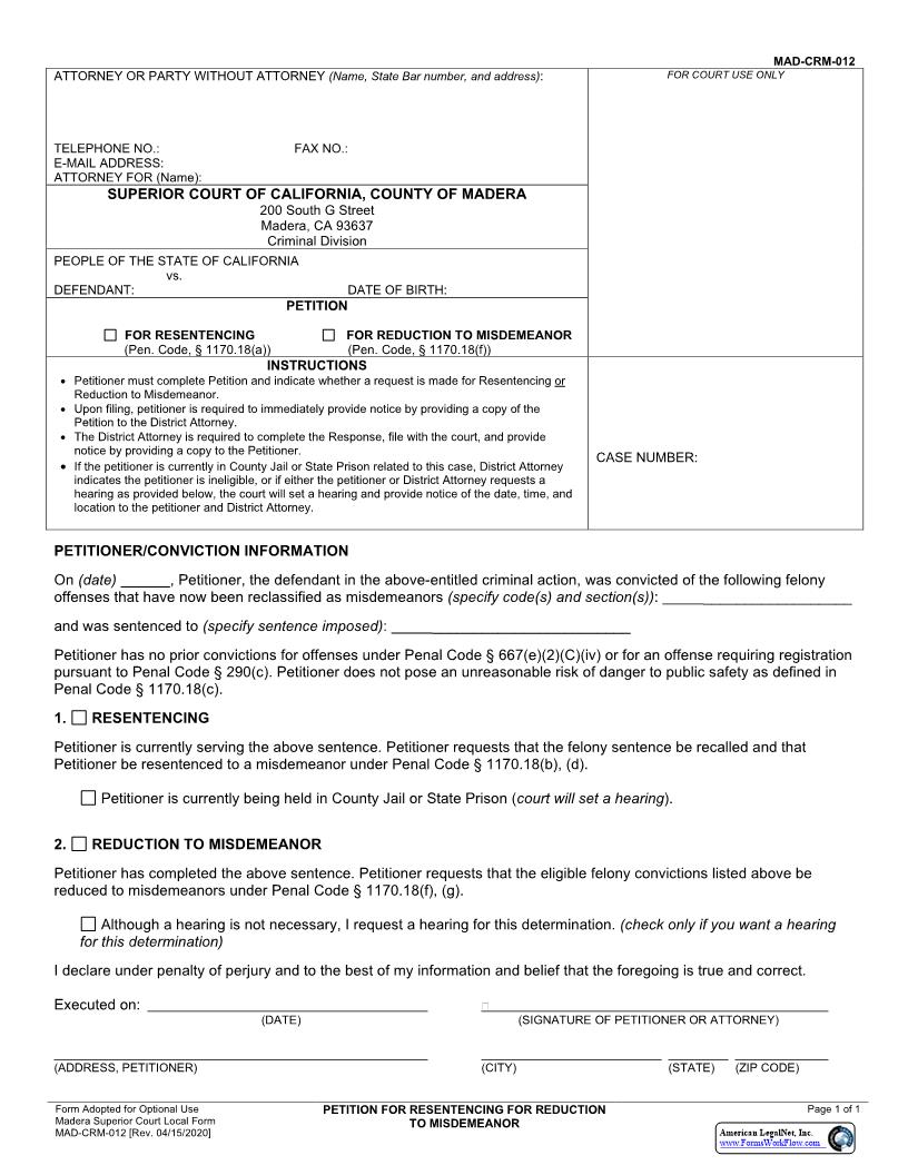 Petition For Resentencing For Reduction To Misdemeanor {MAD-CRM-0012} | Pdf Fpdf Docx | California