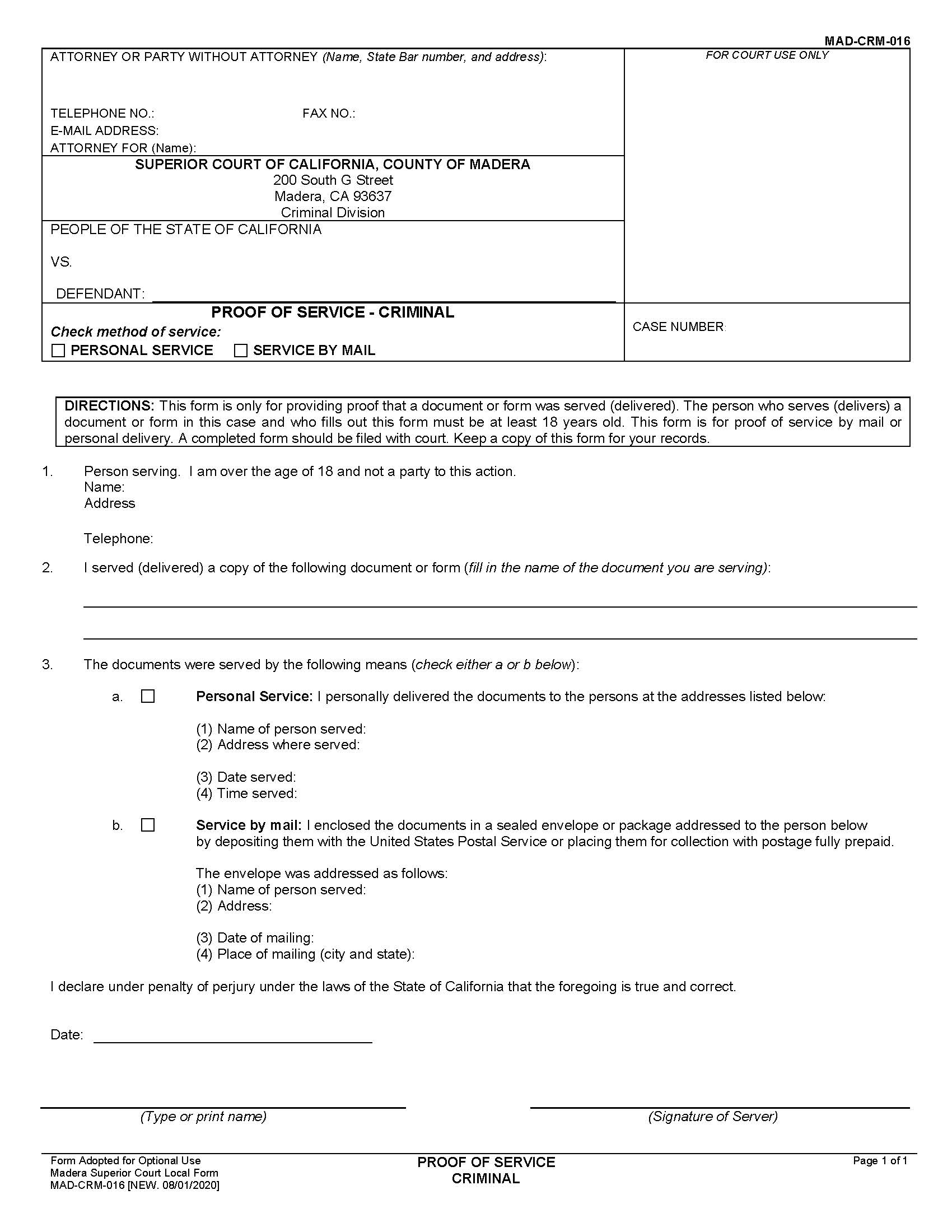Proof Of Service {MAD-CRM-0016} | Pdf Fpdf Docx | California