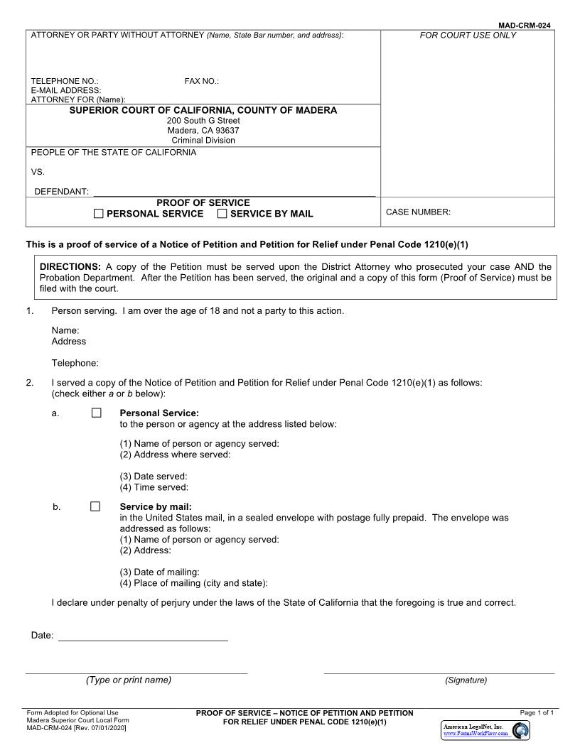 Proof Of Service-Notice Of Petition And Petition For Relief { MAD-CRM-0024} | Pdf Fpdf Docx | California