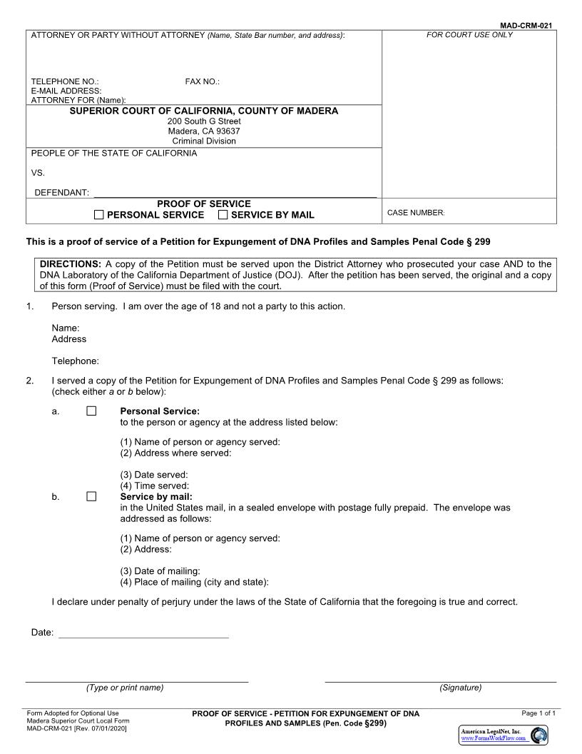 Proof Of Service-Petition For Expungement Of DNA Profiles And Samples PC299 {MAD-CRM-0021} | Pdf Fpdf Docx | California