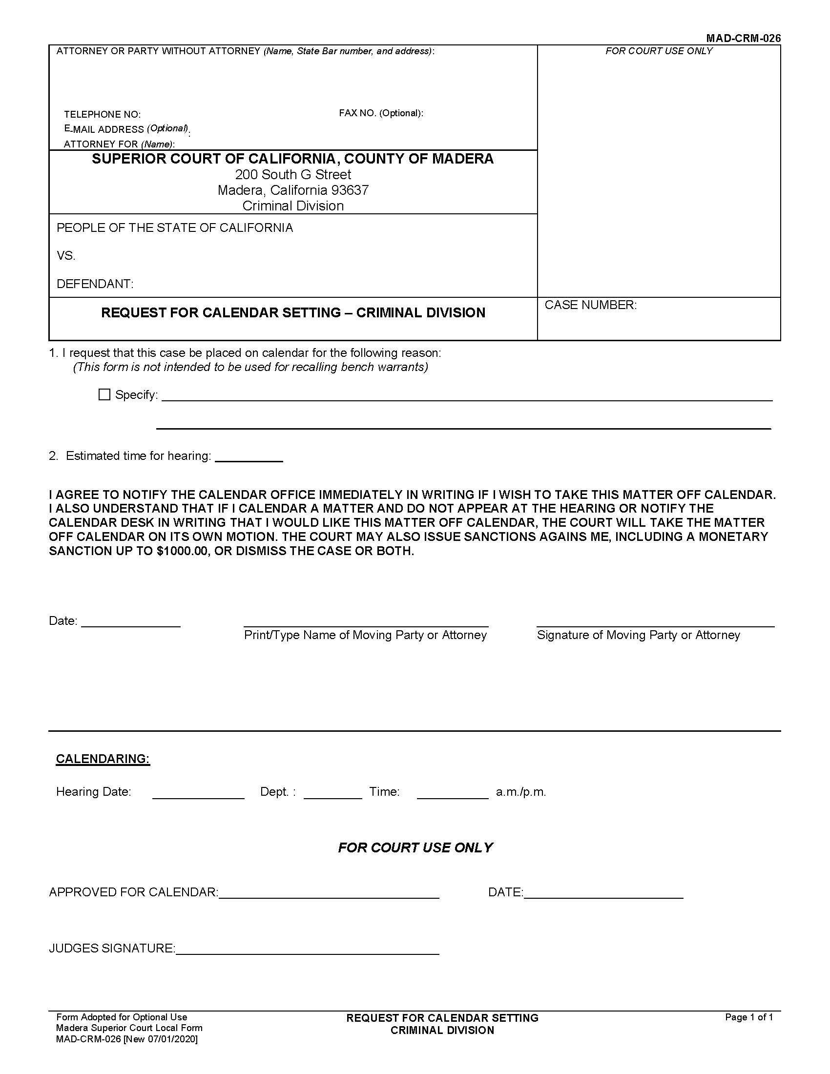 Request For Calendar Setting-Criminal Division {MAD-CRM-026} | Pdf Fpdf Docx | California