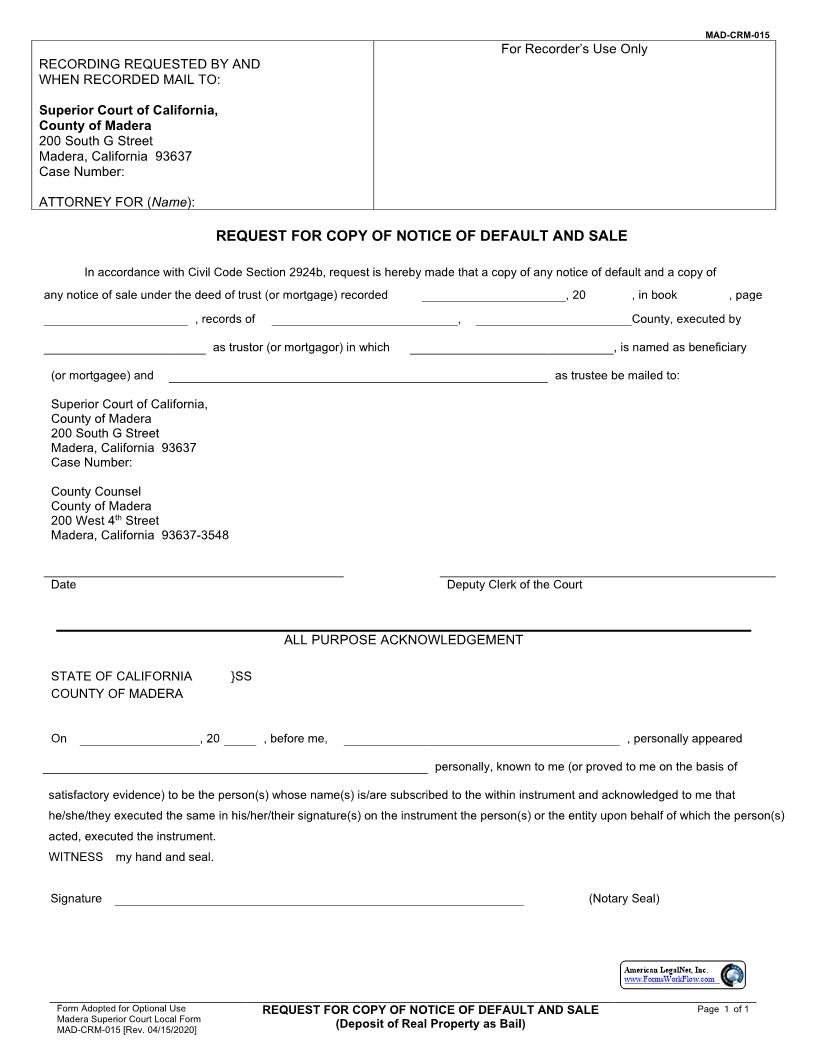 Request For Copy Of Notice Of Default And Sale {MAD-CRM-0015} | Pdf Fpdf Docx | California