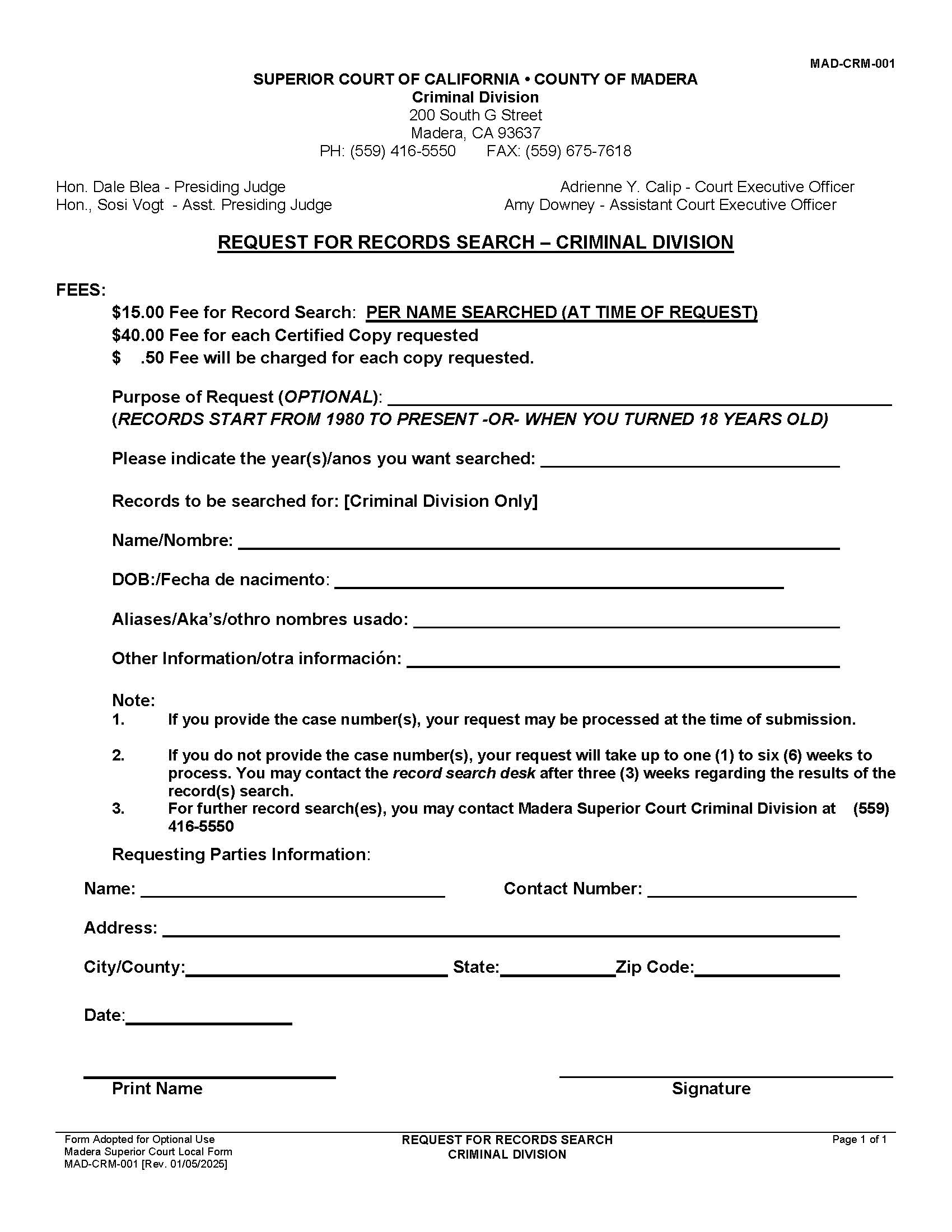 Request For Records Search Criminal Division {MAD-CRM-001} | Pdf Fpdf Docx | California