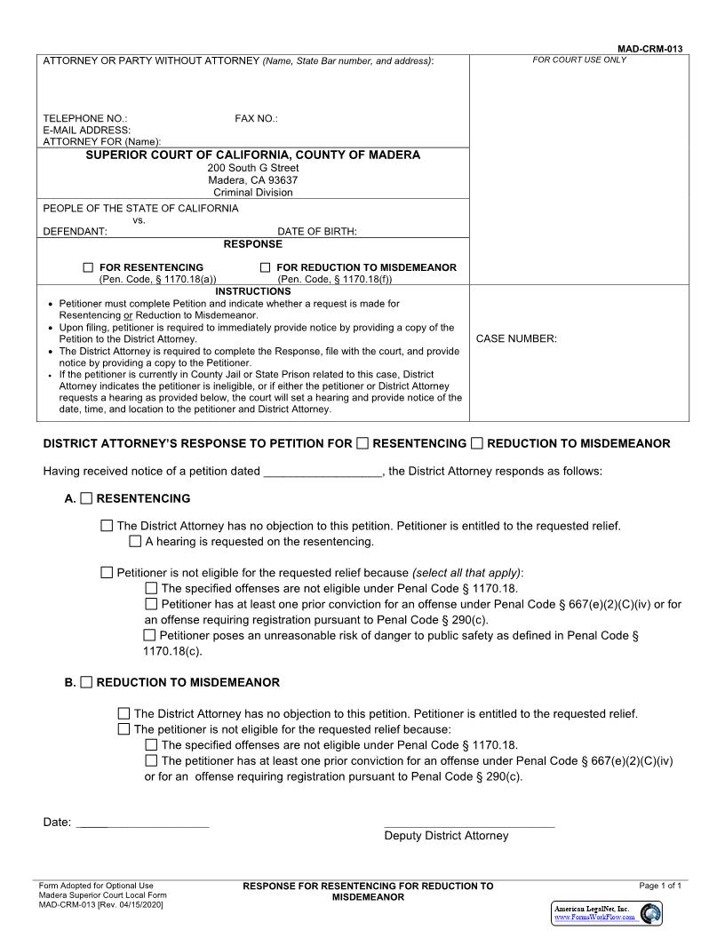 Response For Resentencing For Reduction To Misdemeanor {MAD-CRM-0013} | Pdf Fpdf Docx | California