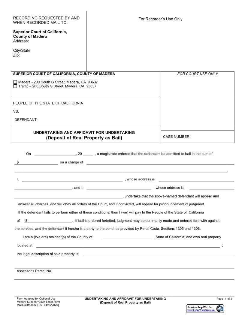 Undertaking And Affidavit For Undertaking {MAD-CRM-0006} | Pdf Fpdf Docx | California