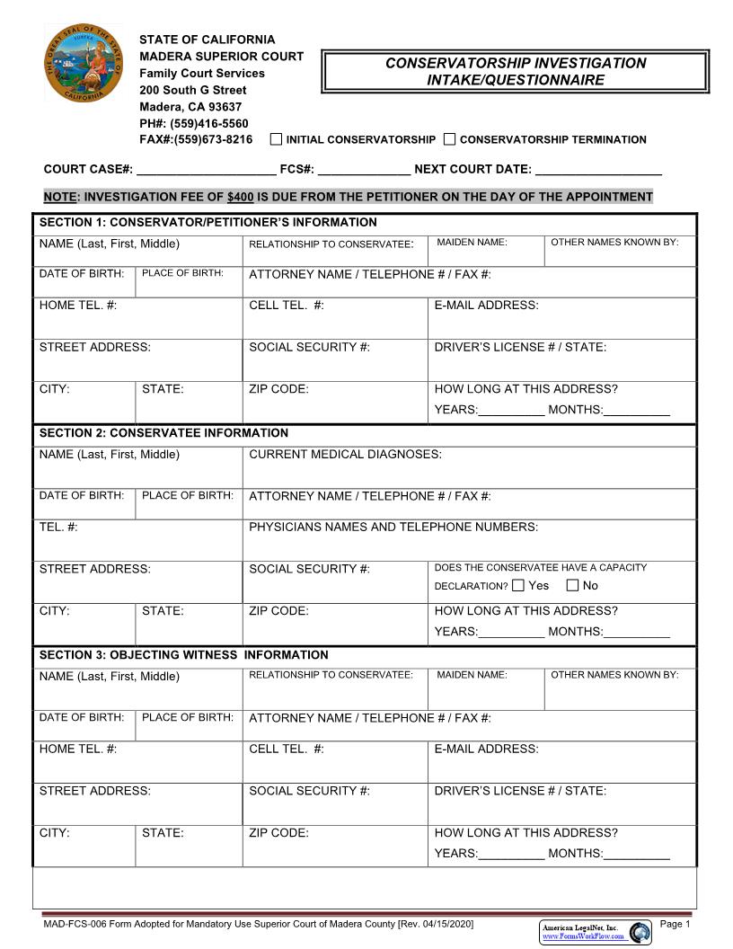 Conservatorship Intake Questionnaire {MAD-FCS-0006} | Pdf Fpdf Docx | California