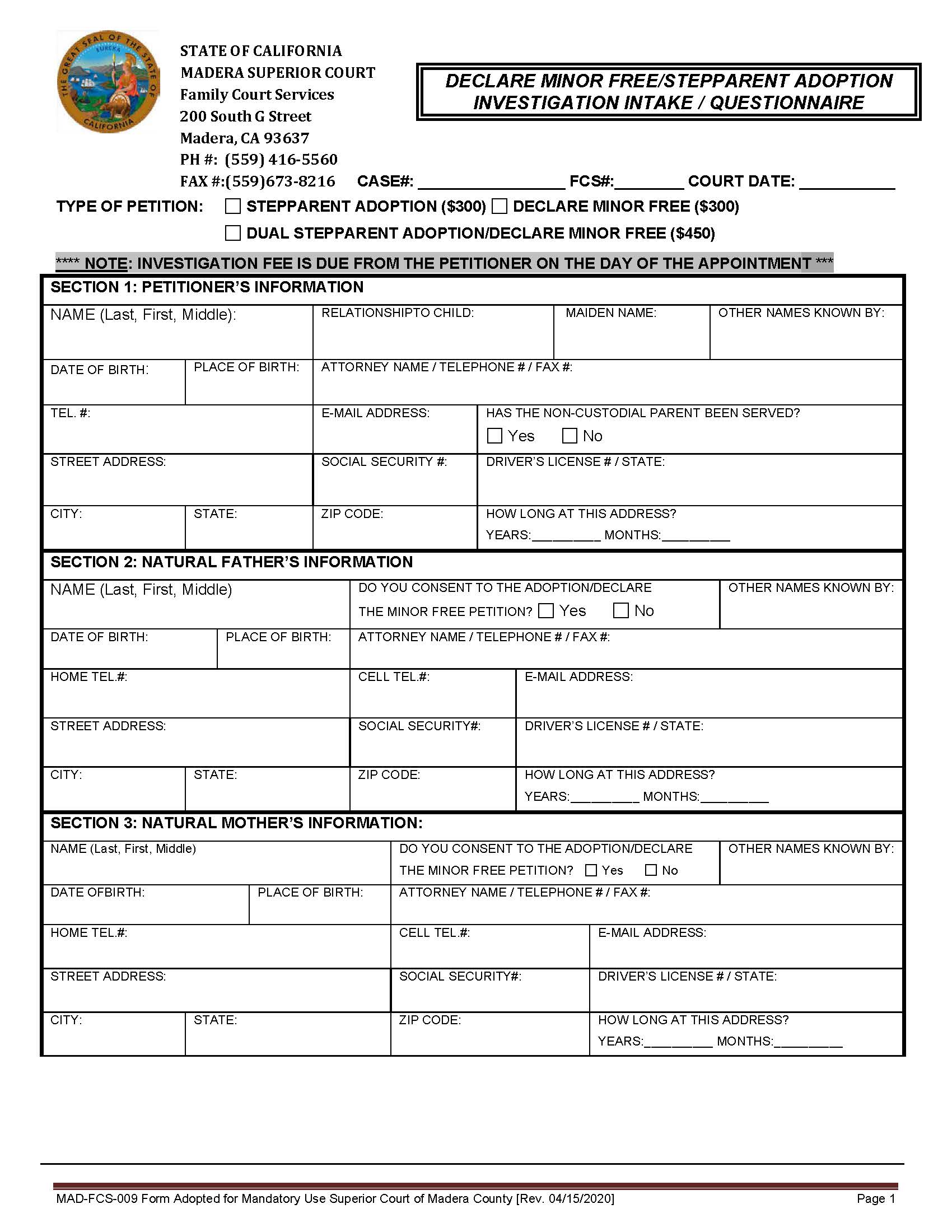 DMF SPA Intake Questionnaire {MAD-FCS-0009} | Pdf Fpdf Docx | California