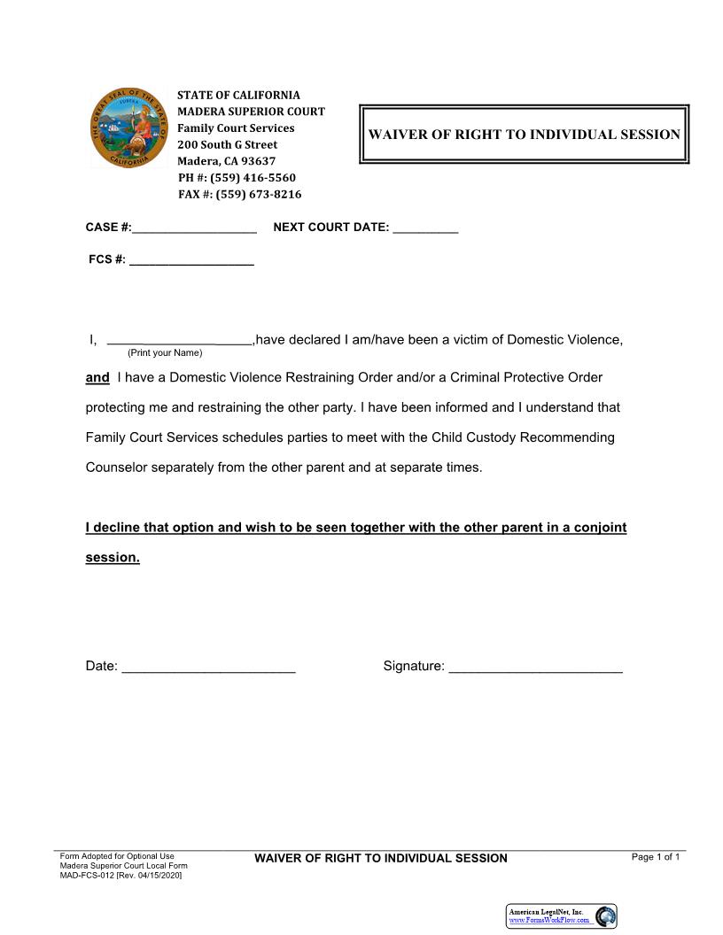 DV Waiver of Right {MAD-FCS-0012} | Pdf Fpdf Docx | California