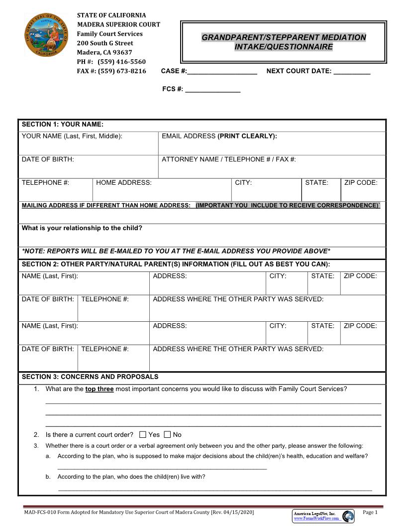 Grandparent-Stepparent Mediation Intake Questionnaire {MAD-FCS-0010} | Pdf Fpdf Docx | California