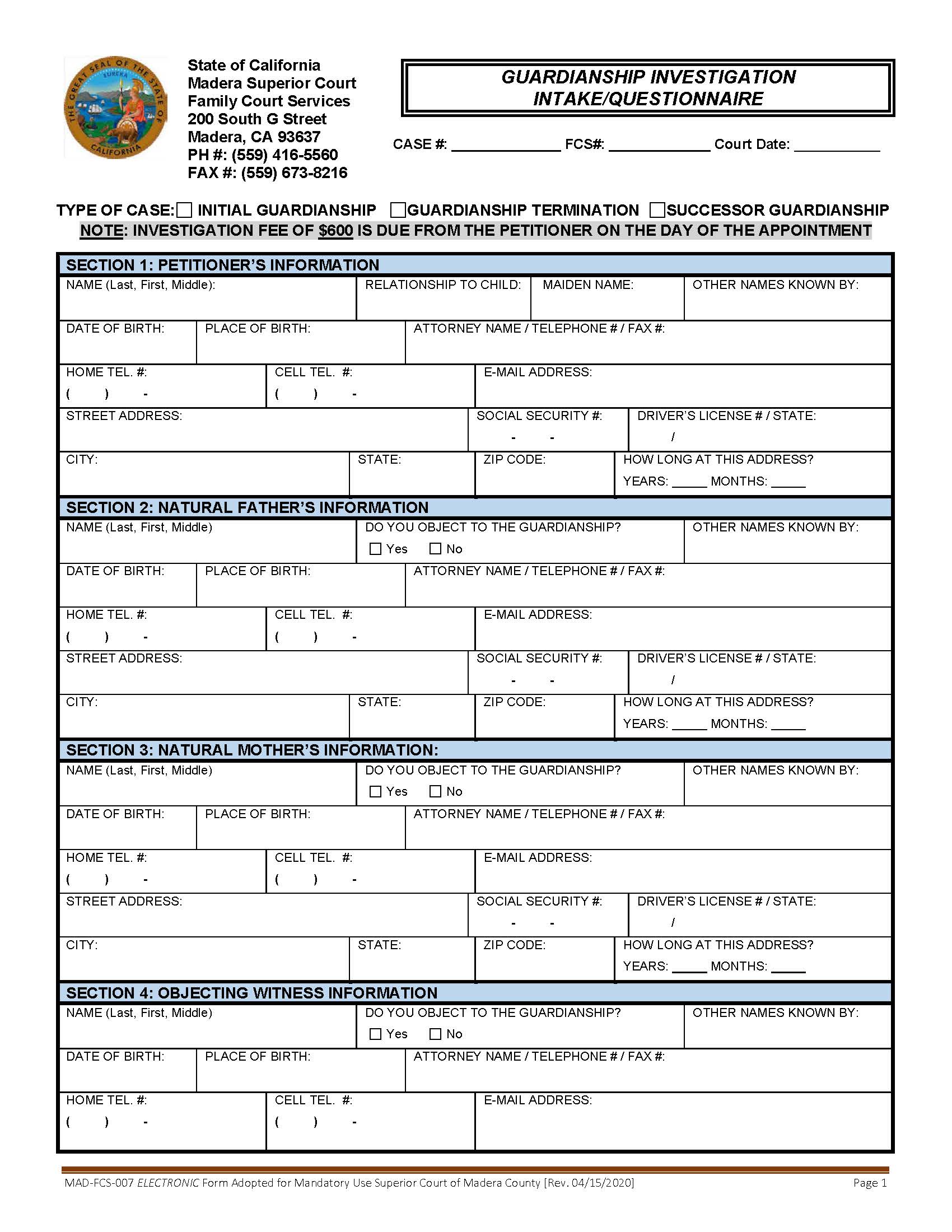 Guardianship Intake Questionnaire {MAD-FCS-007} | Pdf Fpdf Docx | California