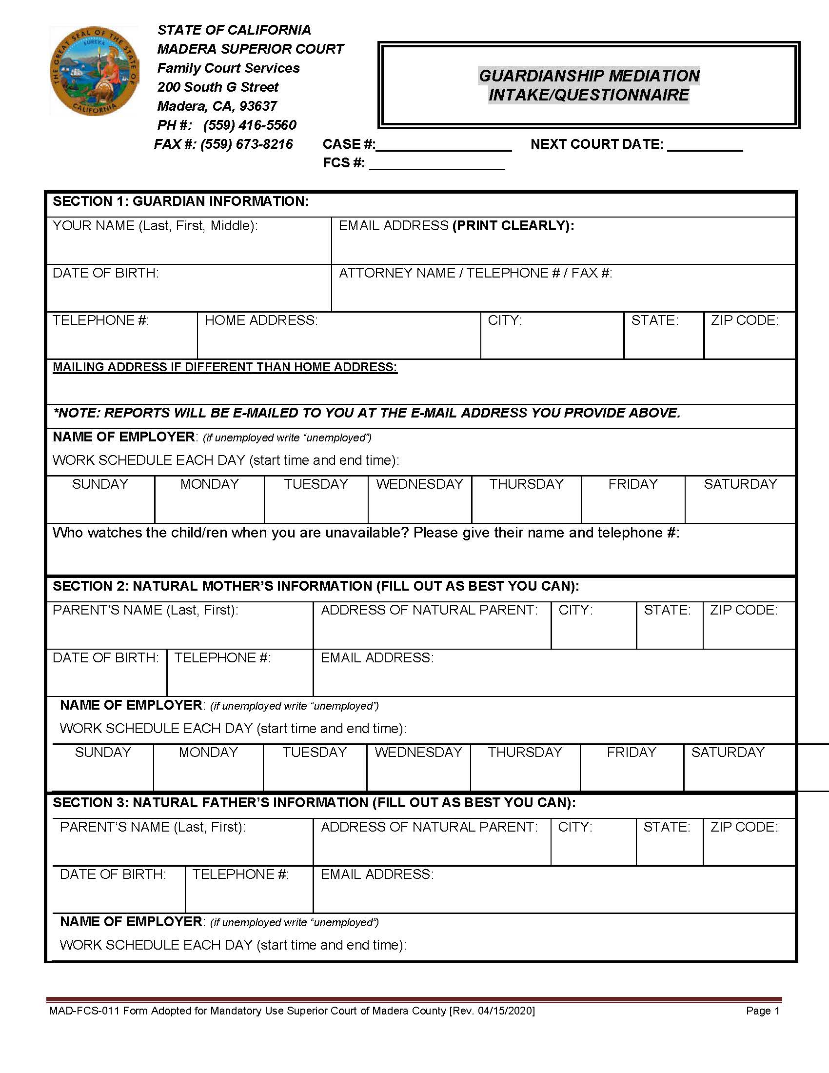 Guardianship Mediation Intake Questionnaire {MAD-FCS-0011} | Pdf Fpdf Docx | California