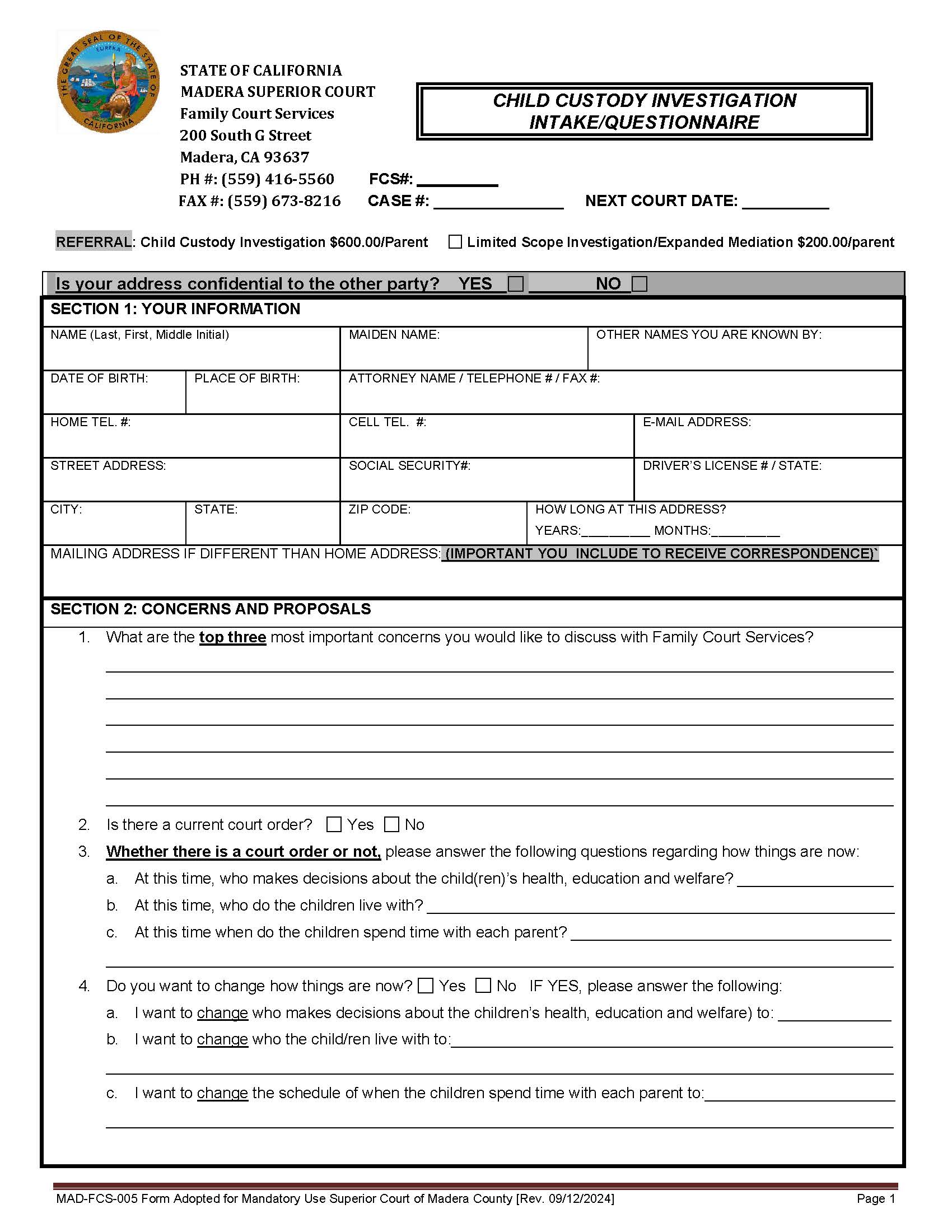 Intake Questionnaire {MAD-FCS-0005} | Pdf Fpdf Docx | California