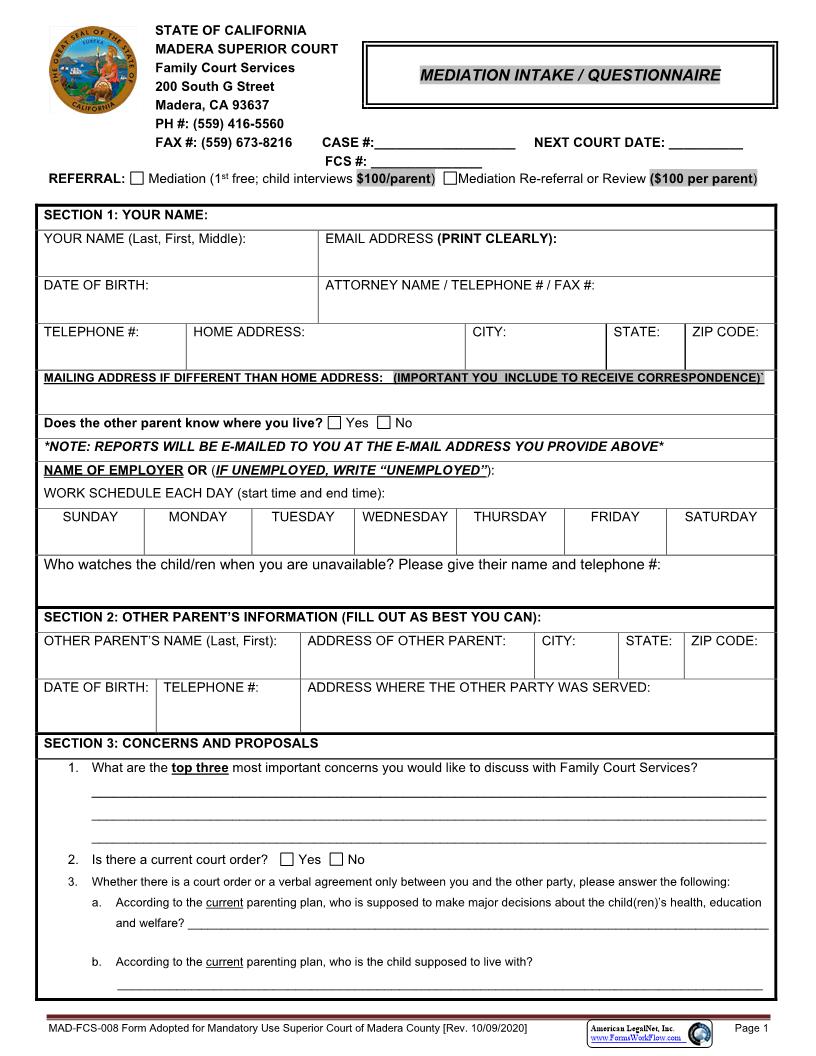Mediation Intake Questionnaire {MAD-FCS-0008} | Pdf Fpdf Docx | California