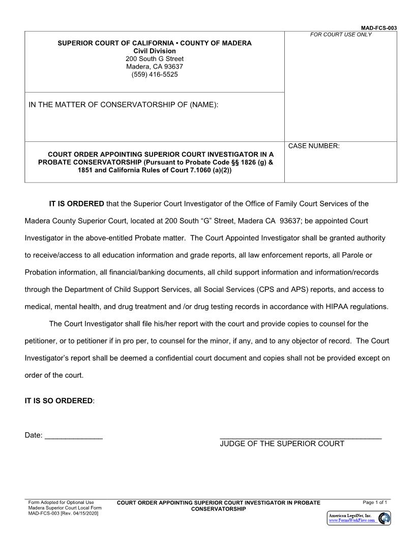 Order Appointing Court Investigator In Probate Conservatorship {MAD-FCS-0003} | Pdf Fpdf Docx | California