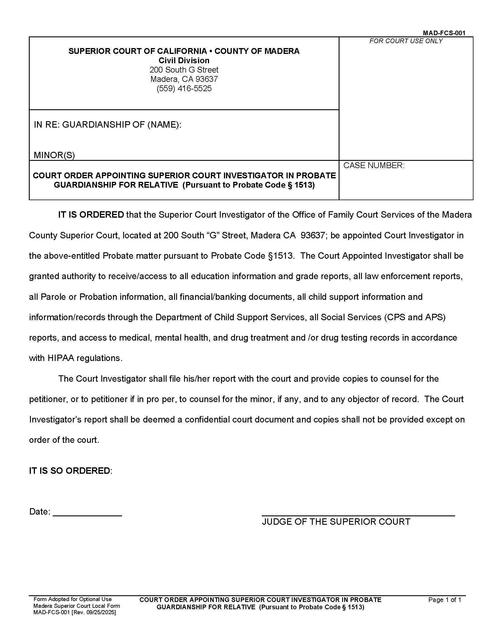 Order Appointing Court Investigator In Probate Guardianship {MAD-FCS-001} | Pdf Fpdf Docx | California