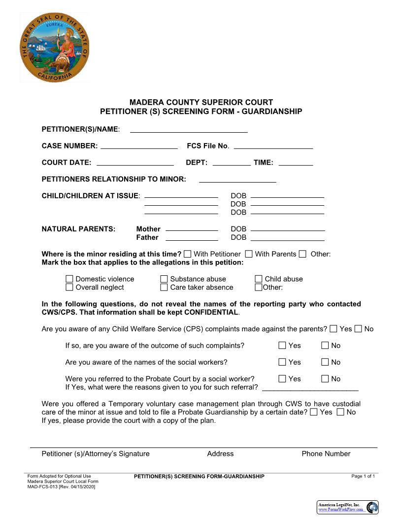 Petitioner(s) Screening Form-Guardianship {MAD-FCS-0013} | Pdf Fpdf Docx | California