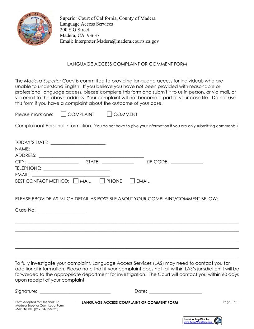 Language Access Complaint or Comment Form-English {MAD-INT-0003} | Pdf Fpdf Docx | California