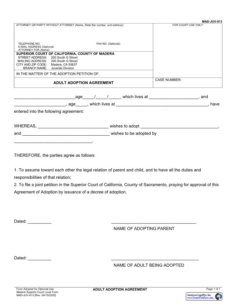 Adult Adoption Agreement {MAD-JUV-0013} | Pdf Fpdf Docx | California