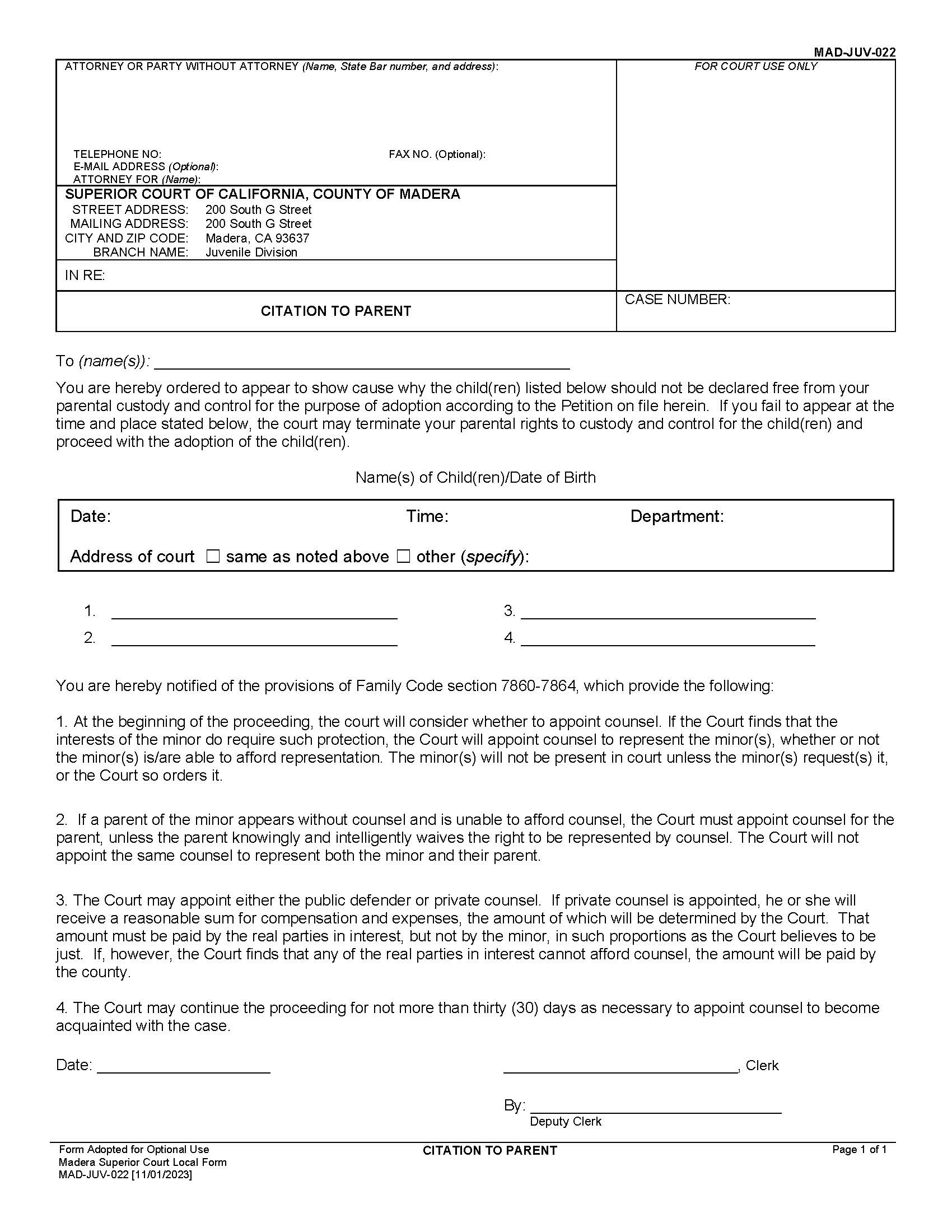 Citation To Parent (Appear) {MAD-JUV-022} | Pdf Fpdf Docx | California