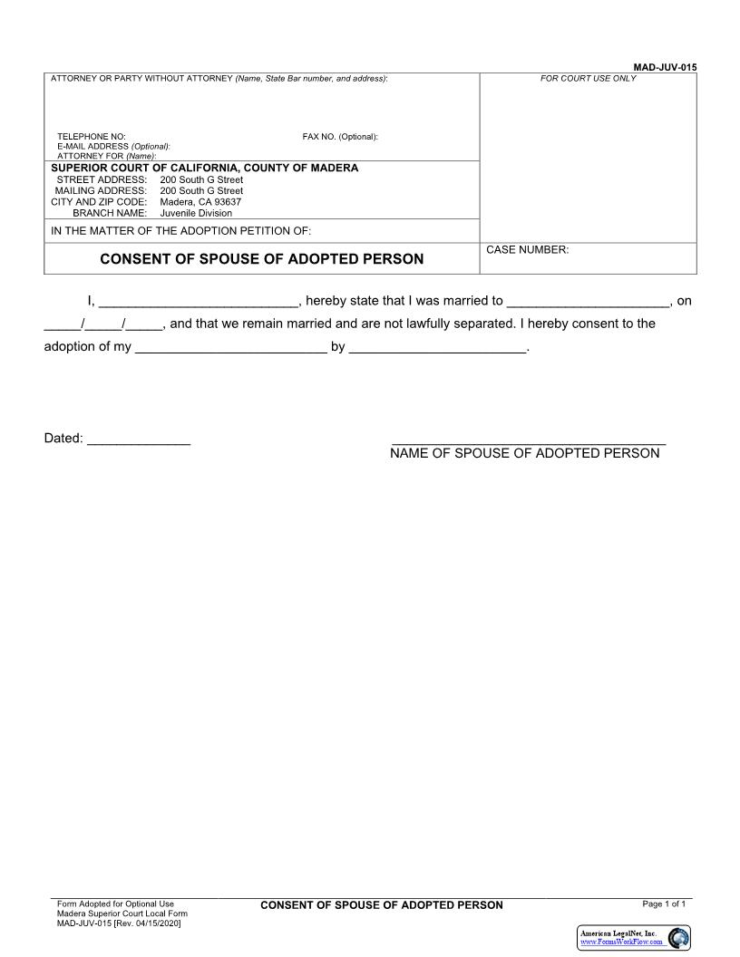 Consent Of Spouse Of Adopted Person {MAD-JUV-0015} | Pdf Fpdf Docx | California