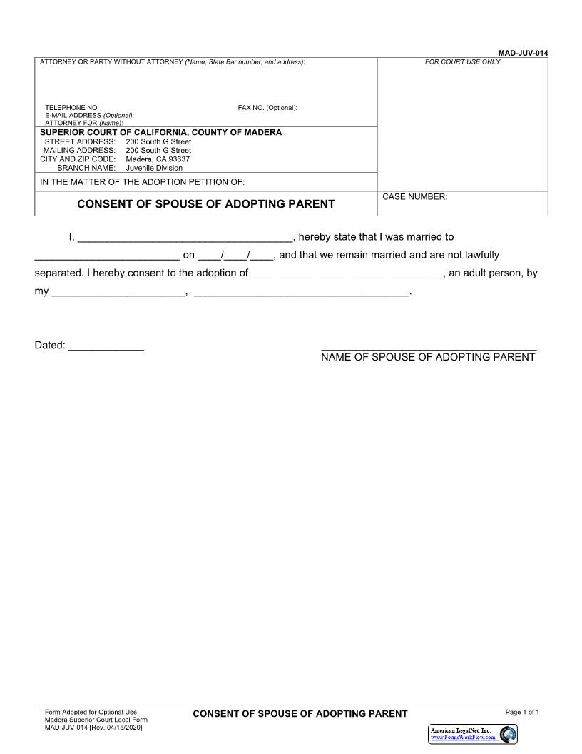 Consent Of Spouse Of Adopting Parent {MAD-JUV-0014} | Pdf Fpdf Docx | California