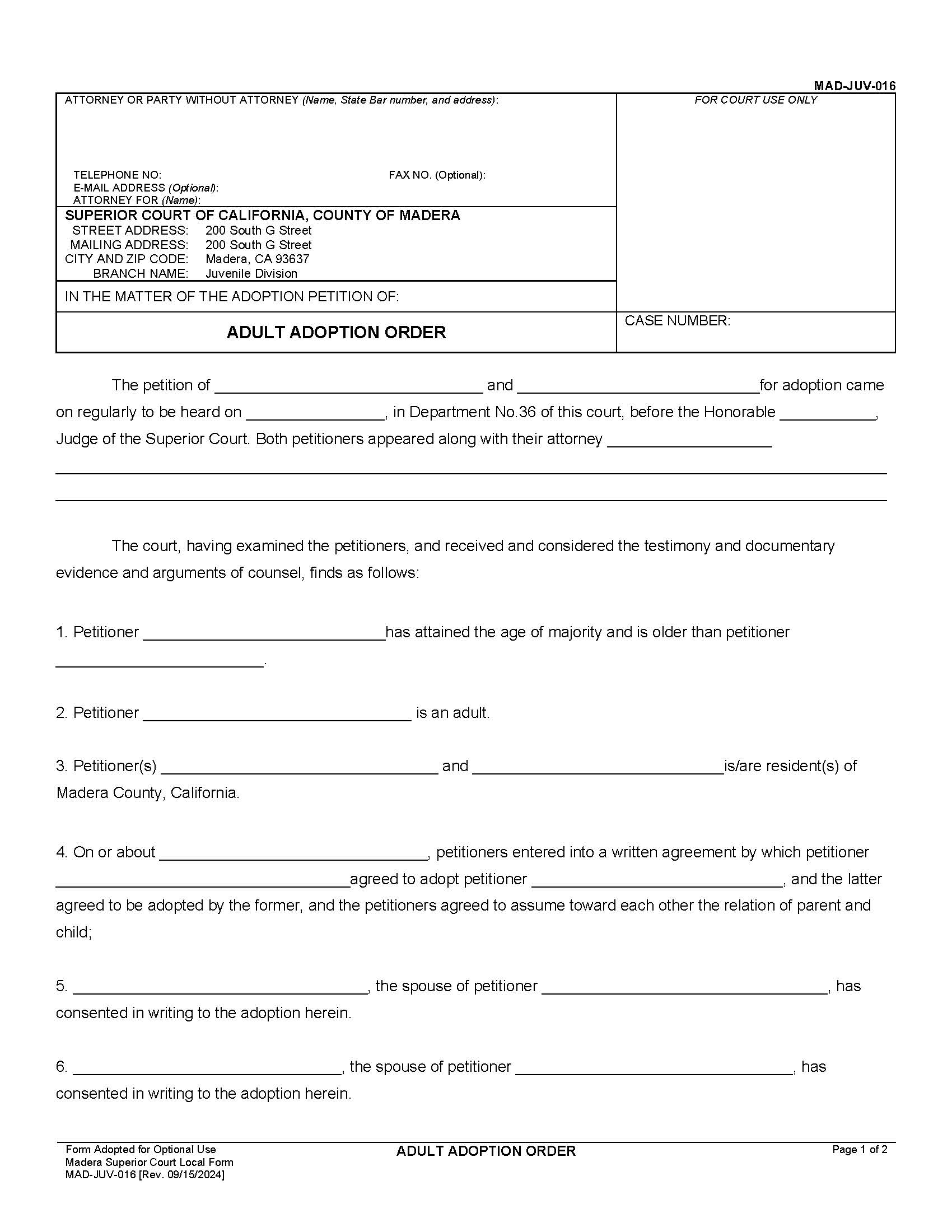 Order Of Adult Adoption {MAD-JUV-0016} | Pdf Fpdf Docx | California