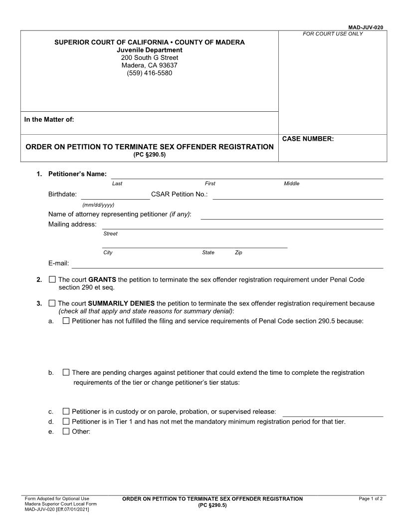 Order On Petition To Terminate Sex Offender Registration-PC290.5 {MAD-JUV-020} | Pdf Fpdf Docx | California