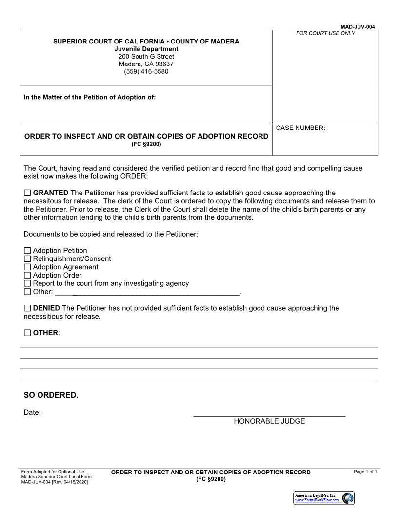 Order To Inspect And Or Obtain Copies Of Adoption Records-FC9200 {MAD-JUV-0004} | Pdf Fpdf Docx | California