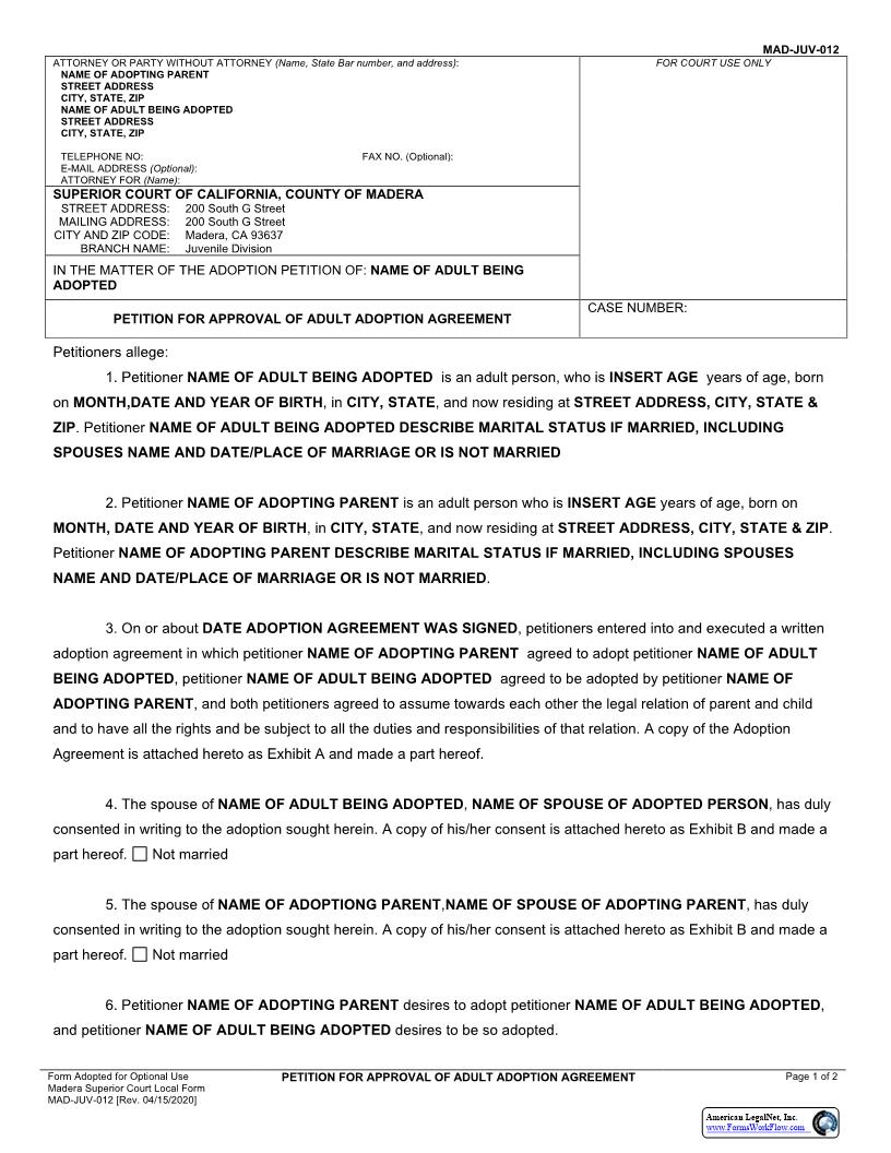 Petition For Approval Adult Adoption Agreement {MAD-JUV-0012} | Pdf Fpdf Docx | California