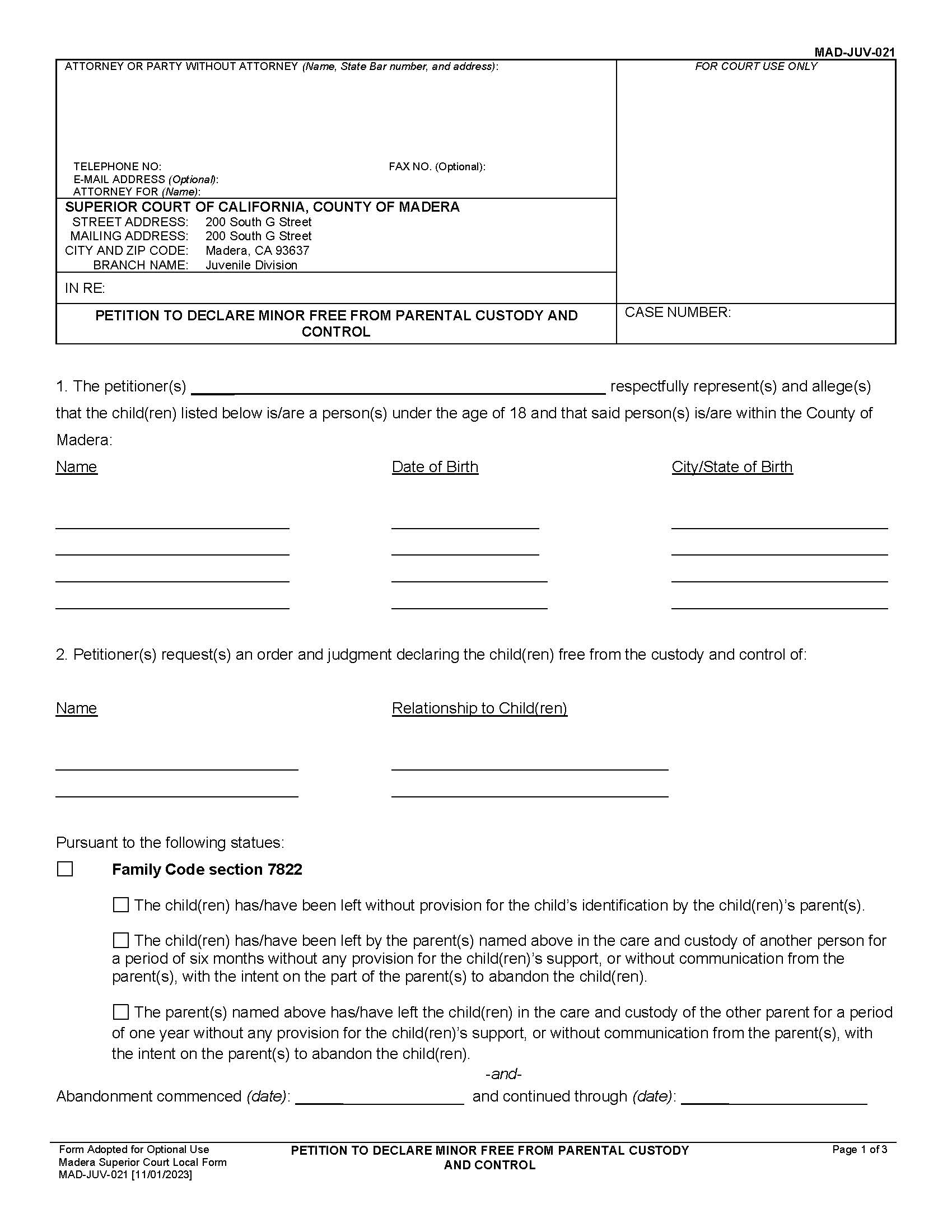 Petition To Declare Minor Free From Parental Custody And Control {MAD-JUV-021} | Pdf Fpdf Docx | California