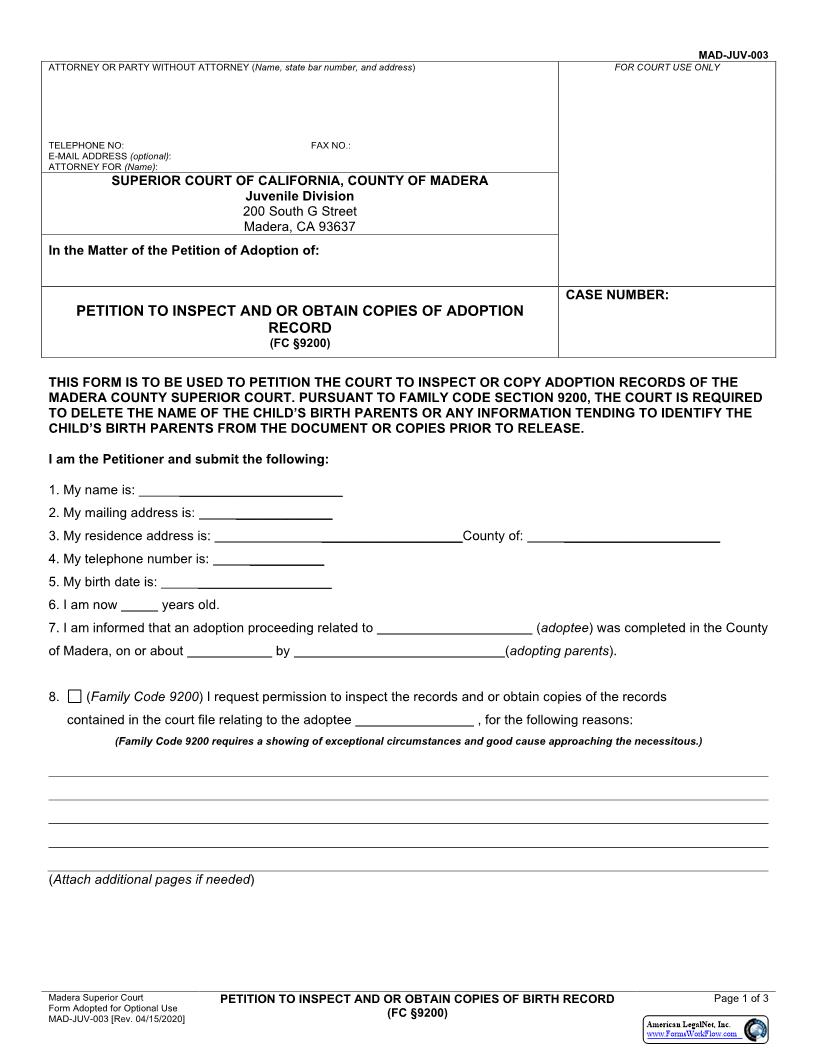 Petition To Inspect And Or Obtain Copies Of Adoption Record-FC9200 {MAD-JUV-0003} | Pdf Fpdf Docx | California