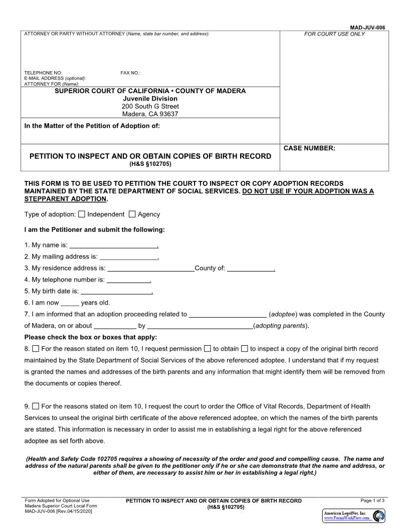 Petition To Inspect And Or Obtain Copies Of Birth Record-HS102705 {MAD-JUV-0006} | Pdf Fpdf Docx | California