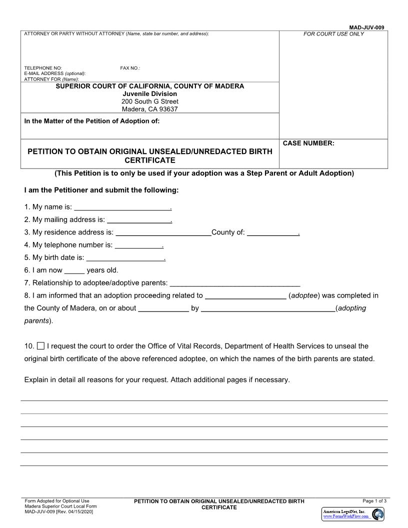 Petition To Obtain Original Unsealed Unredacted Birth Certificate {MAD-JUV-0009} | Pdf Fpdf Docx | California