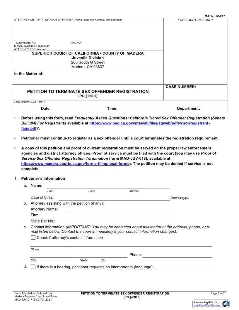 Petition To Terminate Sex Offender Registration (PC 290.5) {MAD-JUV-017)} | Pdf Fpdf Docx | California