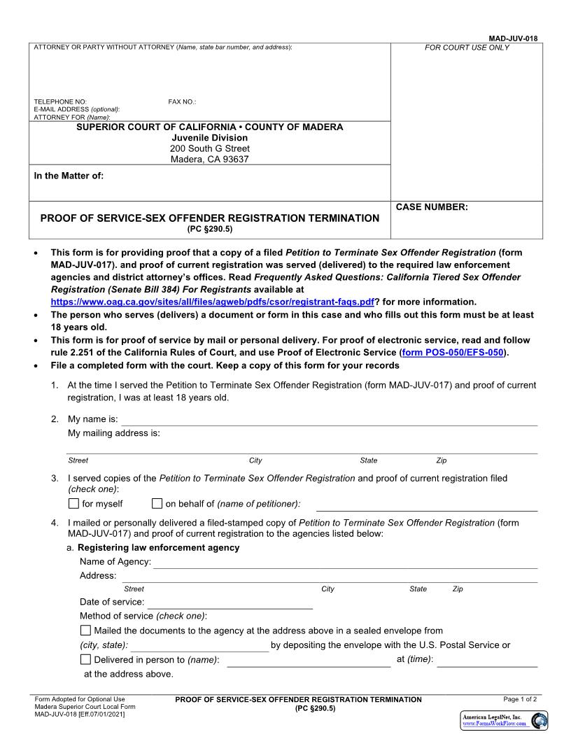Proof Of Service-Sex Offender Registration Termination (PC 290.5) {MAD-JUV-018} | Pdf Fpdf Docx | California
