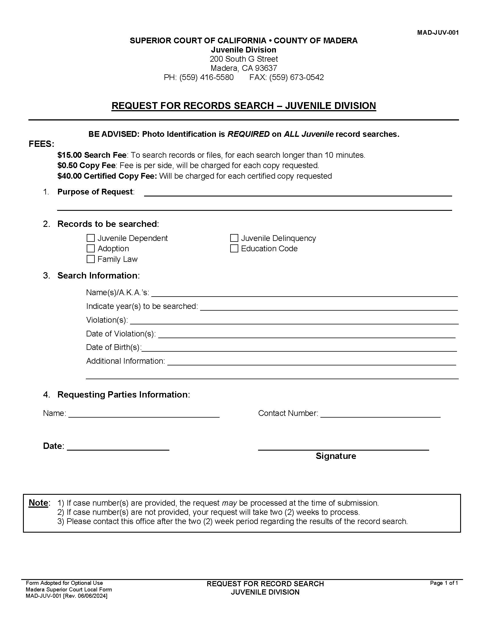 Request For Records Search-Juvenile Division {MAD-JUV-001} | Pdf Fpdf Docx | California