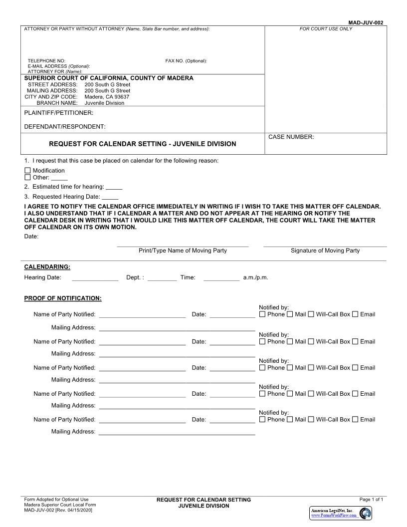 Request for Calendar Setting-Juvenile Division {MAD-JUV-0002} | Pdf Fpdf Docx | California