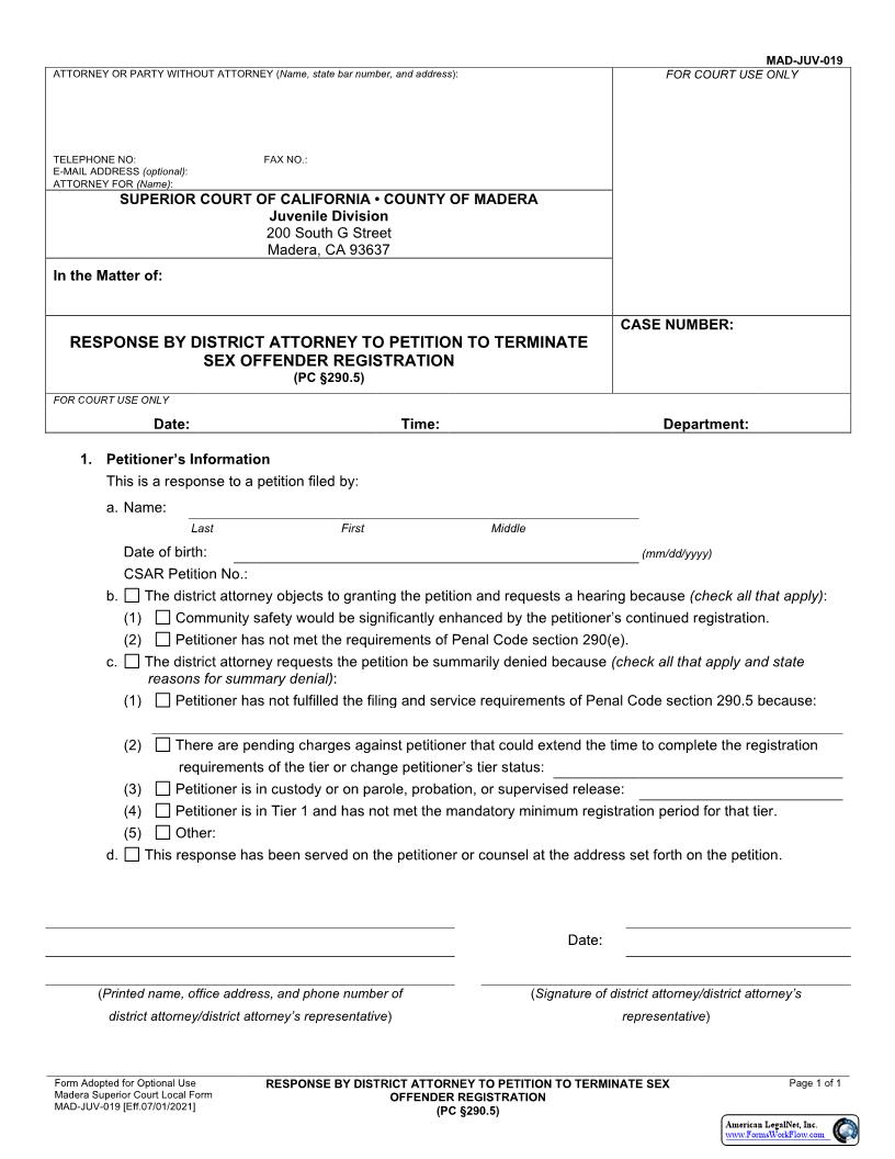 Response By District Attorney To Petition To Terminate Sex Offender Registration (PC 290.5) {MAD-JUV-019} | Pdf Fpdf Docx | California