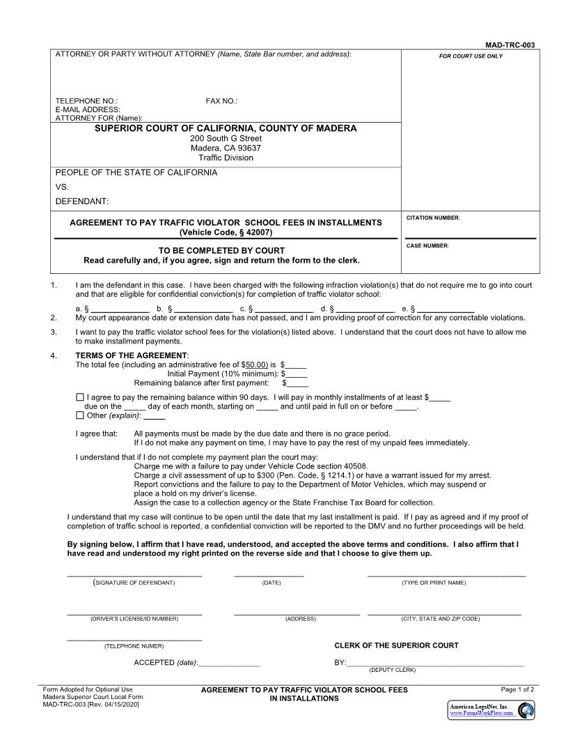 Agreement To Pay Traffic Violator School Fees In Installments (VC 42007) {MAD-TRC-0003} | Pdf Fpdf Docx | California