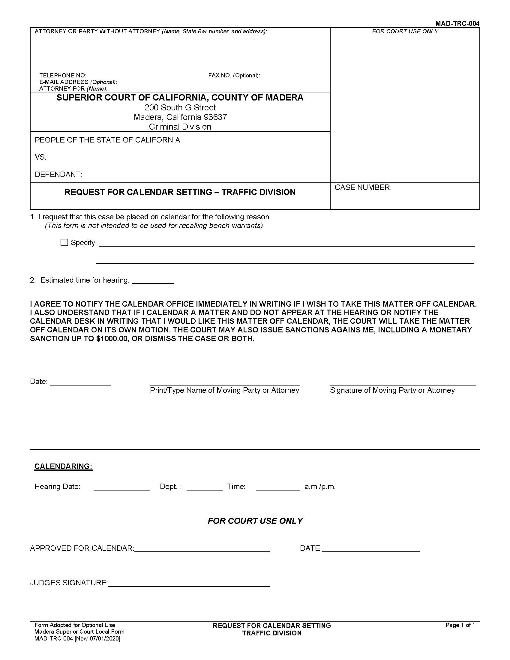 Request For Calendar Setting {MAD-TRC-004} | Pdf Fpdf Docx | California