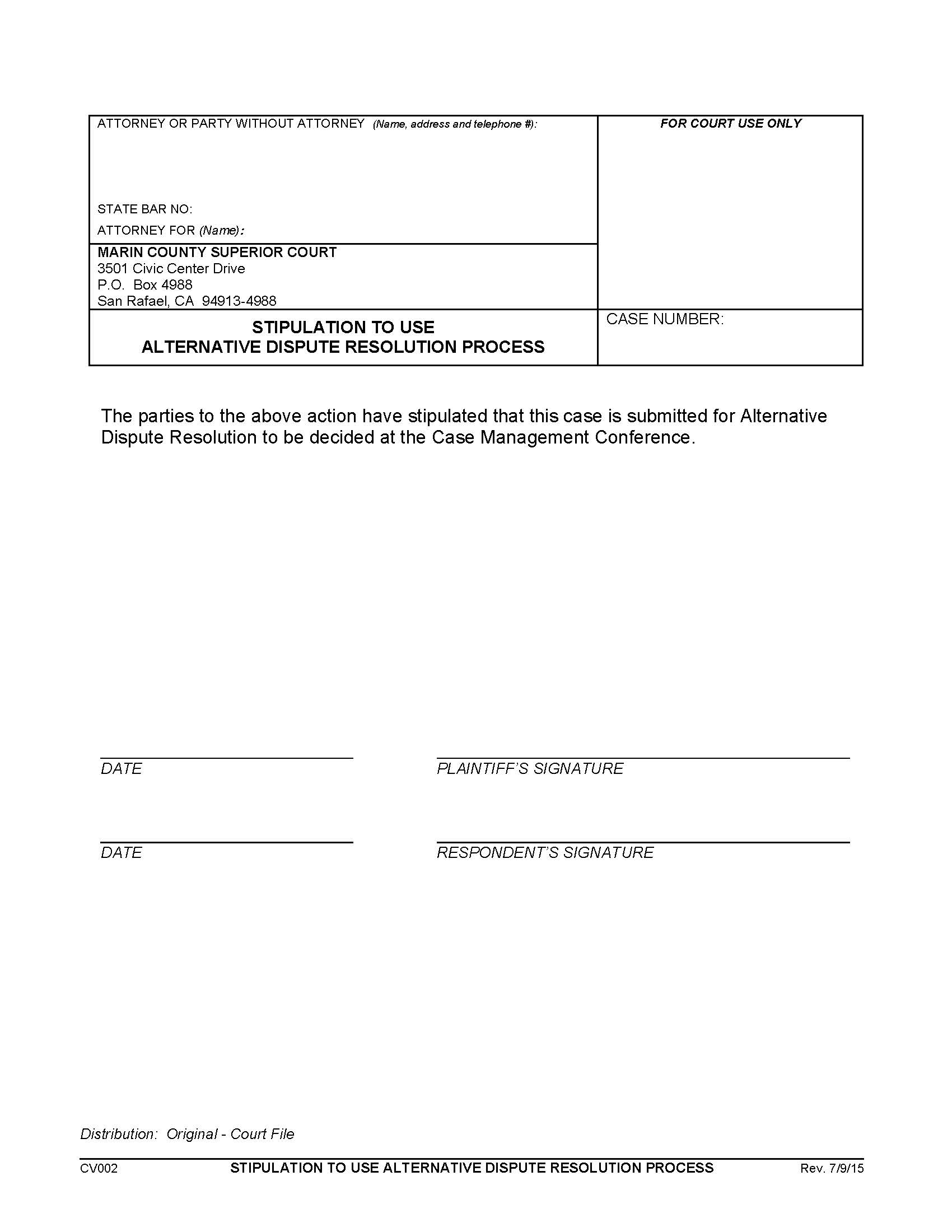 Stipulation To Use Of Alternative Dispute Resolution Process {CV002} | Pdf Fpdf Doc Docx | California