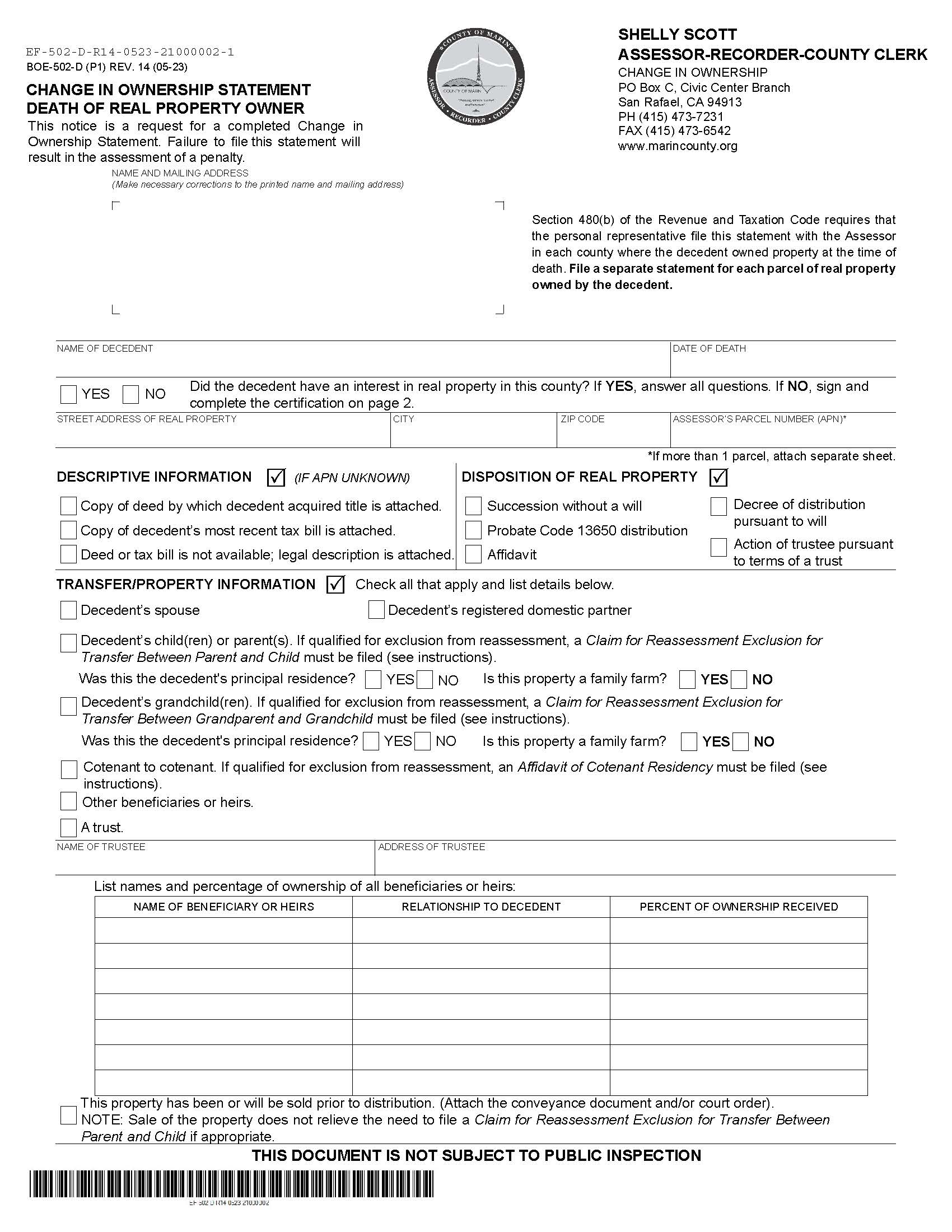 Change In Ownership Statement Death Of Real Property Owner (Marin) {BOE-502-D} | Pdf Fpdf Docx | California