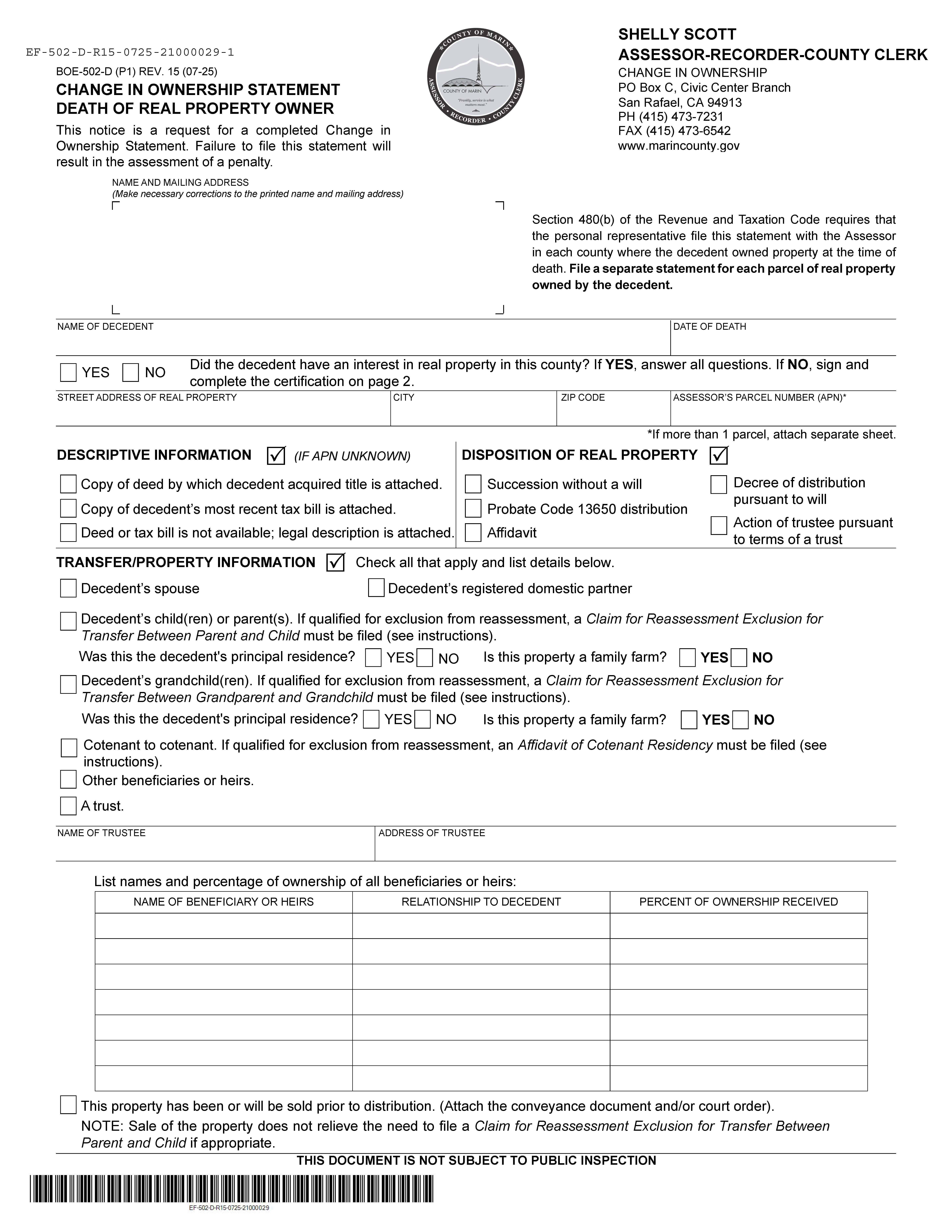 Change In Ownership Statement Death Of Real Property Owner (Marin) {BOE-502-D} | Pdf Fpdf Docx | California