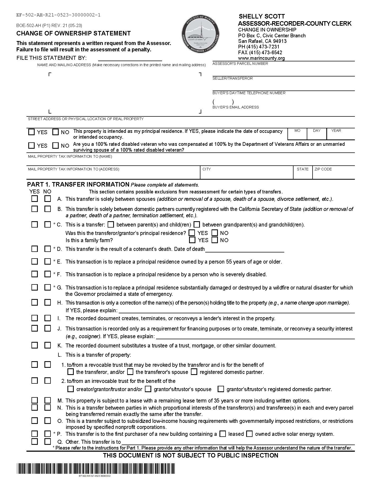 Change Of Ownership Statement (Marin County) {BOE-502-AH} | Pdf Fpdf Docx | California