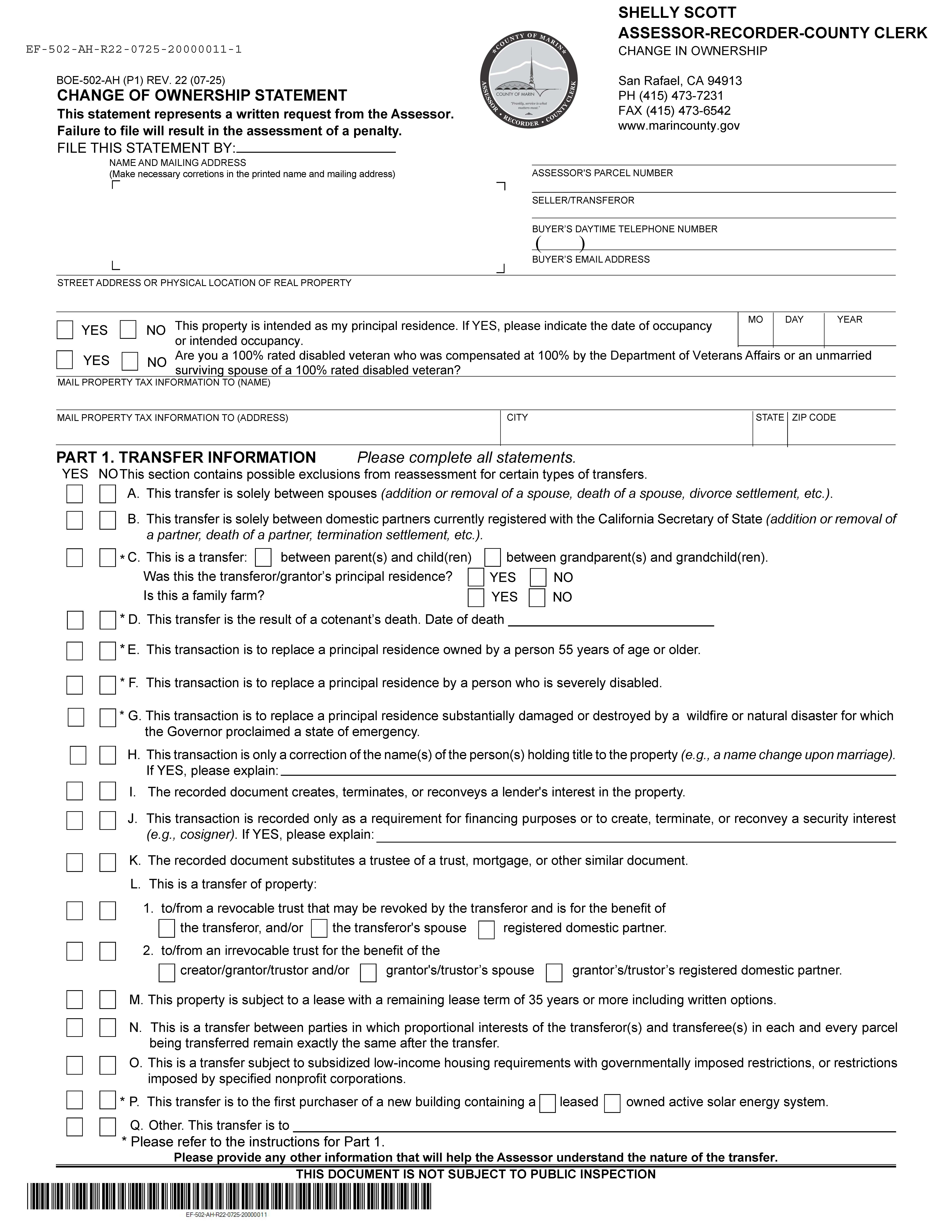 Change Of Ownership Statement (Marin County) {BOE-502-AH} | Pdf Fpdf Docx | California
